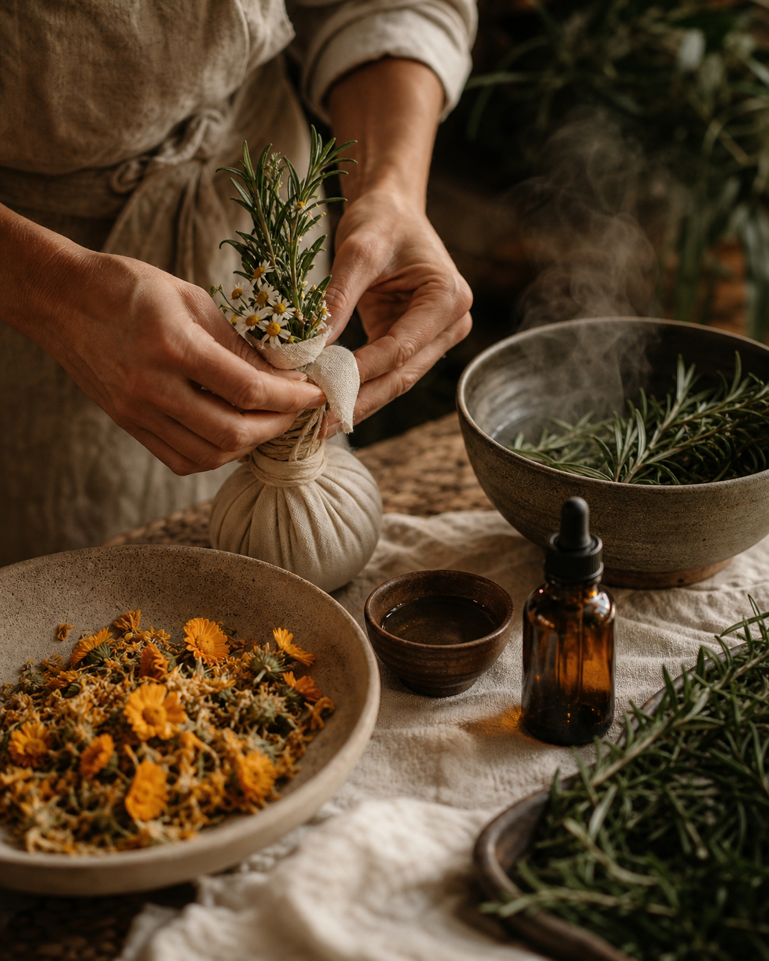 Warm herbal compresses arranged with dried botanicals on linen